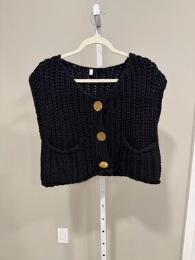 Black Chunky Knit Button-Front Sweater Vest